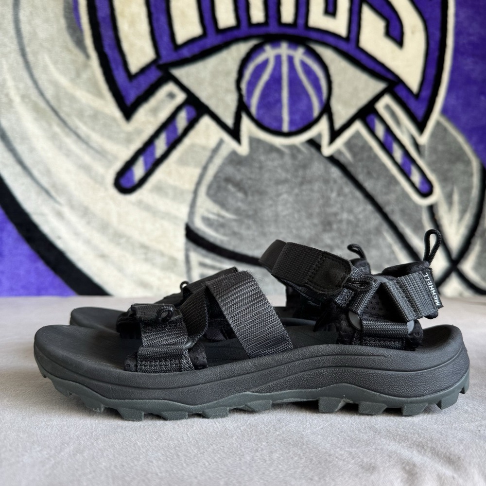 Size 8 - Merrell Men's Black Strappy Sandals Adjustable Hook & Loop Straps